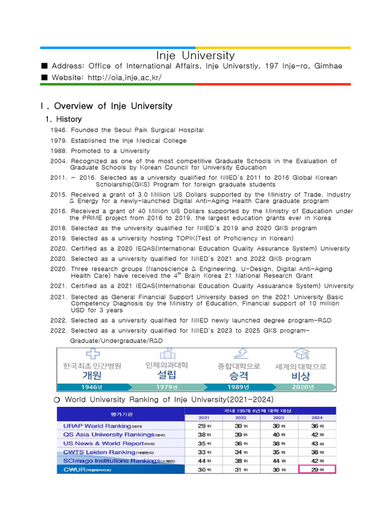 Inje University Overview for International Students | PDF