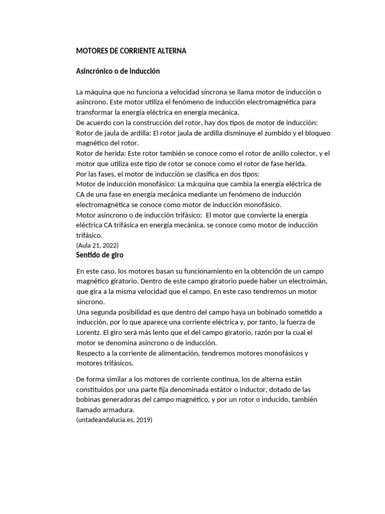 Tipos de Motores de Corriente Alterna | PDF | Motor eléctrico | Inductor