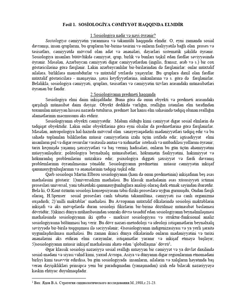 Fesil 1. SOSİOLOGİYA CƏMİYYƏT HAQQINDA ELMDİR | PDF