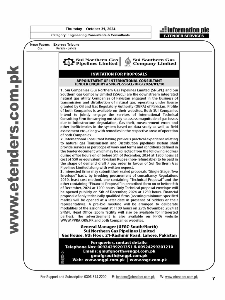 SNGPL-SSGCL International Consultant Tender | PDF