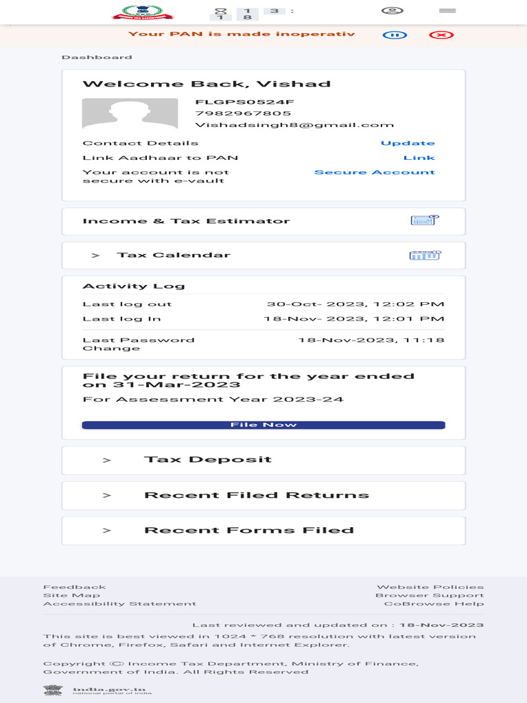 Dashboard, Income Tax Portal, Government of India | PDF