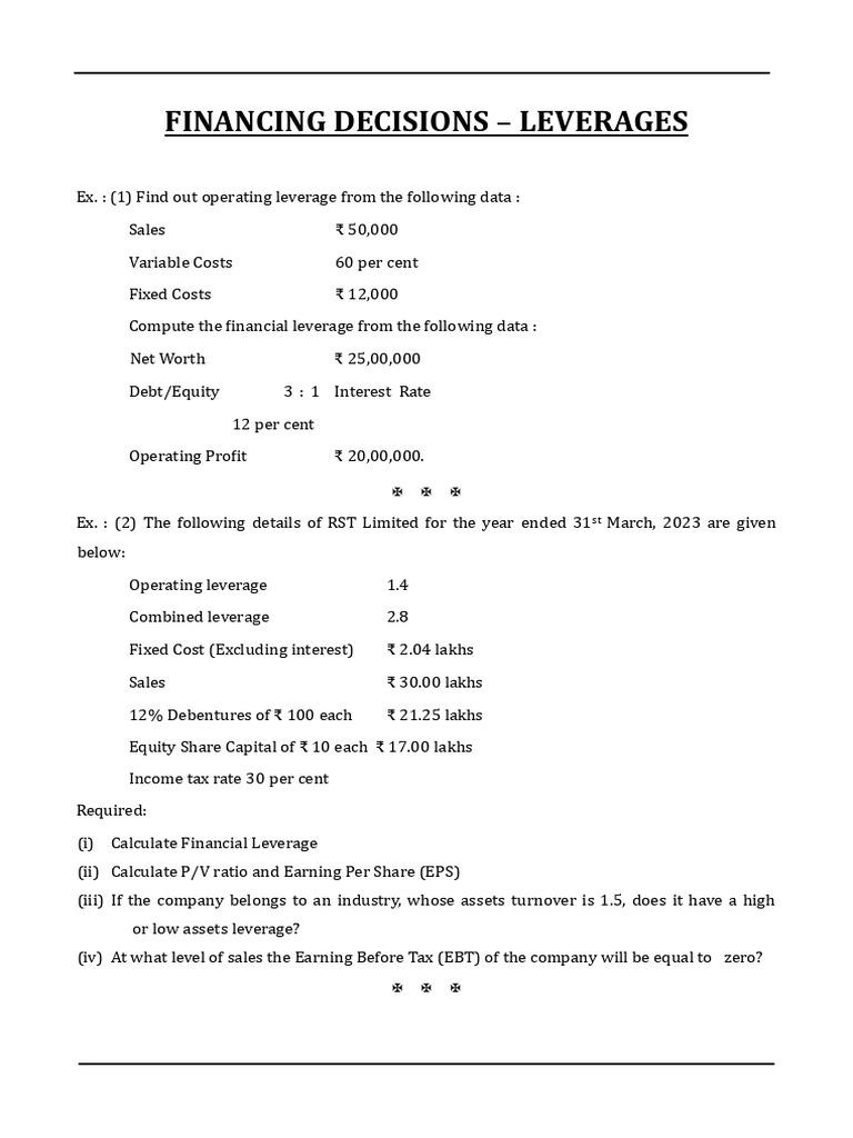 Financing Decisions: Leverage Calculations | PDF | Leverage (Finance ...