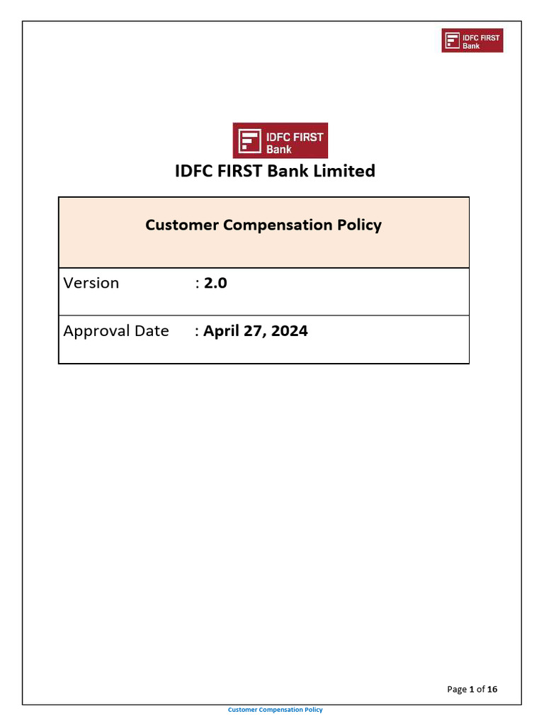 IDFC FIRST Bank Customer Compensation Policy | PDF | Credit Card | Banks