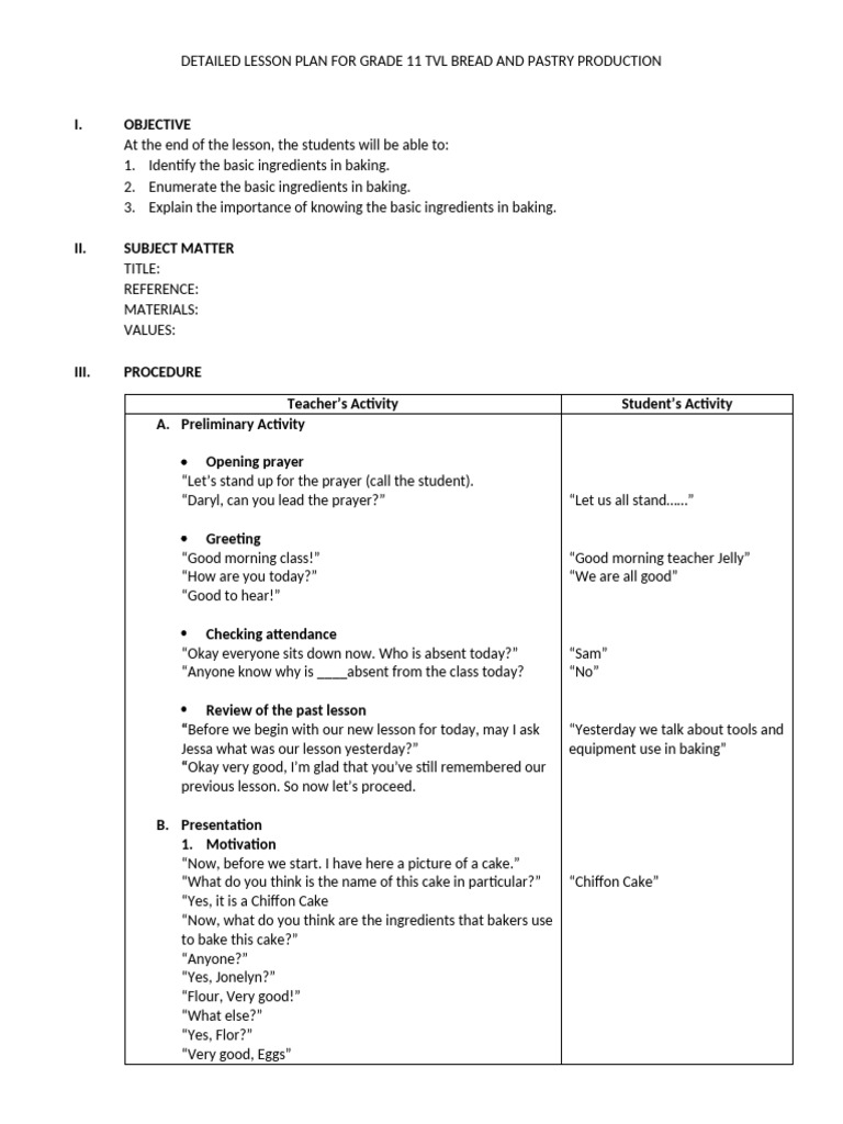 Grade 11 TVL Bread and Pastry Plan | PDF | Flour | Baking Powder