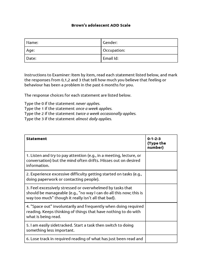 Brown ADD Adolescent Scale | PDF | Psychology | Psychological Concepts