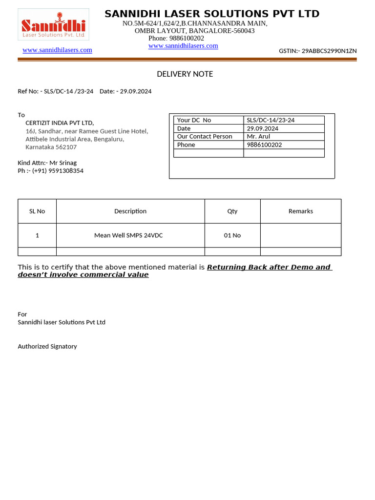 Delivery Note for Sannidhi Laser Solutions | PDF