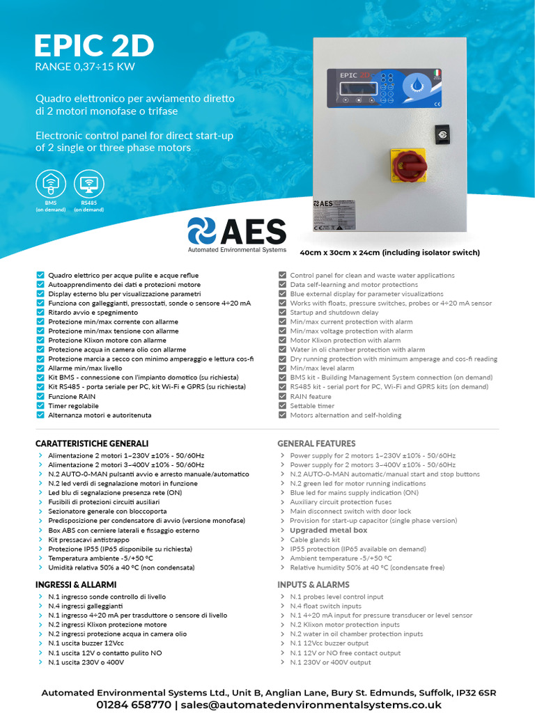 AES EPIC 2D Electronic Dual Pump Control Panel Specifications | PDF