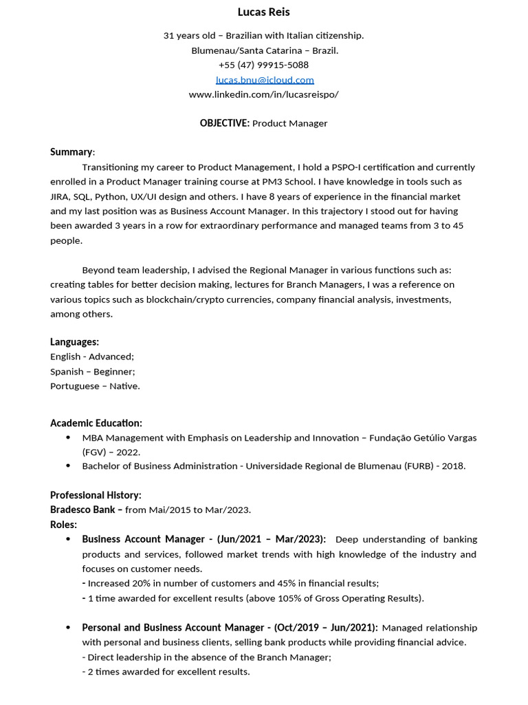 Resume Lucas Reis | PDF | Business