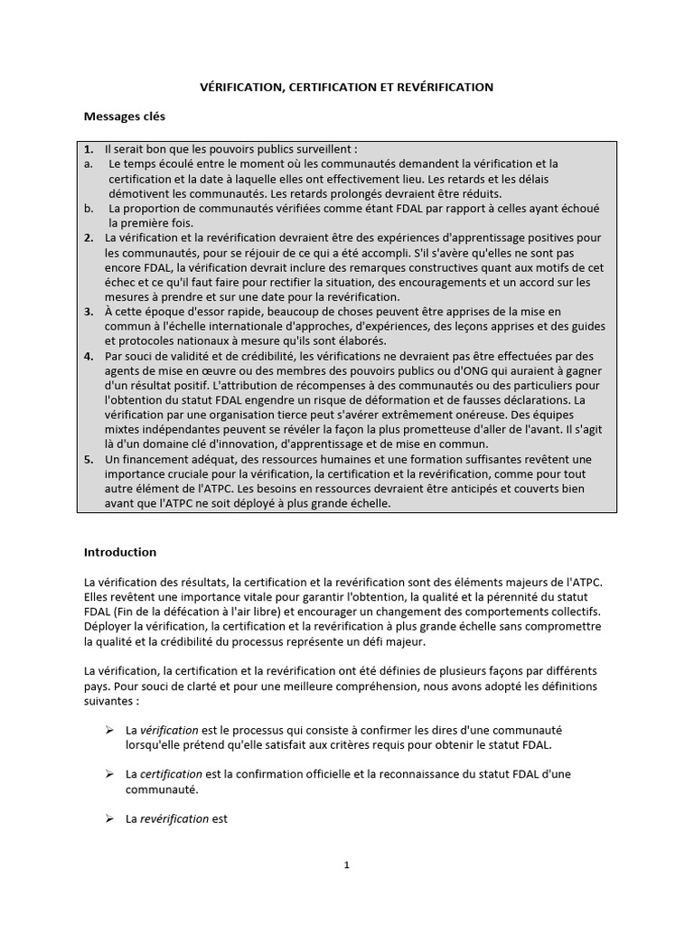 Vérification et Certification FDAL : Guide | PDF | Latrines | Crédibilité