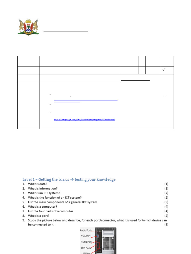 Grade 10 CAT Hardware Revision Worksheet | PDF | Laptop | Input/Output