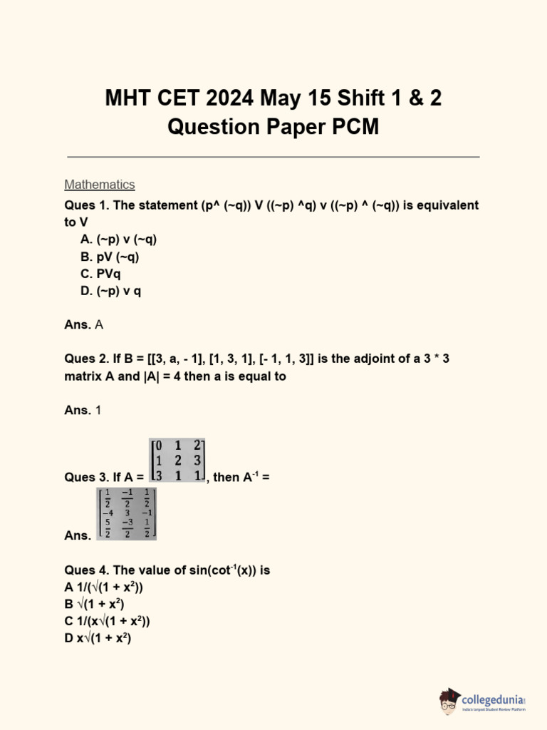 MHT CET 2024 May 15 Shift 1 2 Question Paper PCM | PDF