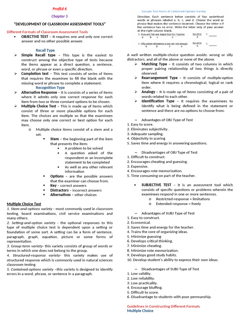 Reviewer-profed6 Ch 5 | PDF | Multiple Choice | Validity (Statistics)