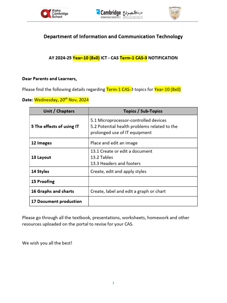 Year-10 ICT CAS Term-1 Notification | PDF