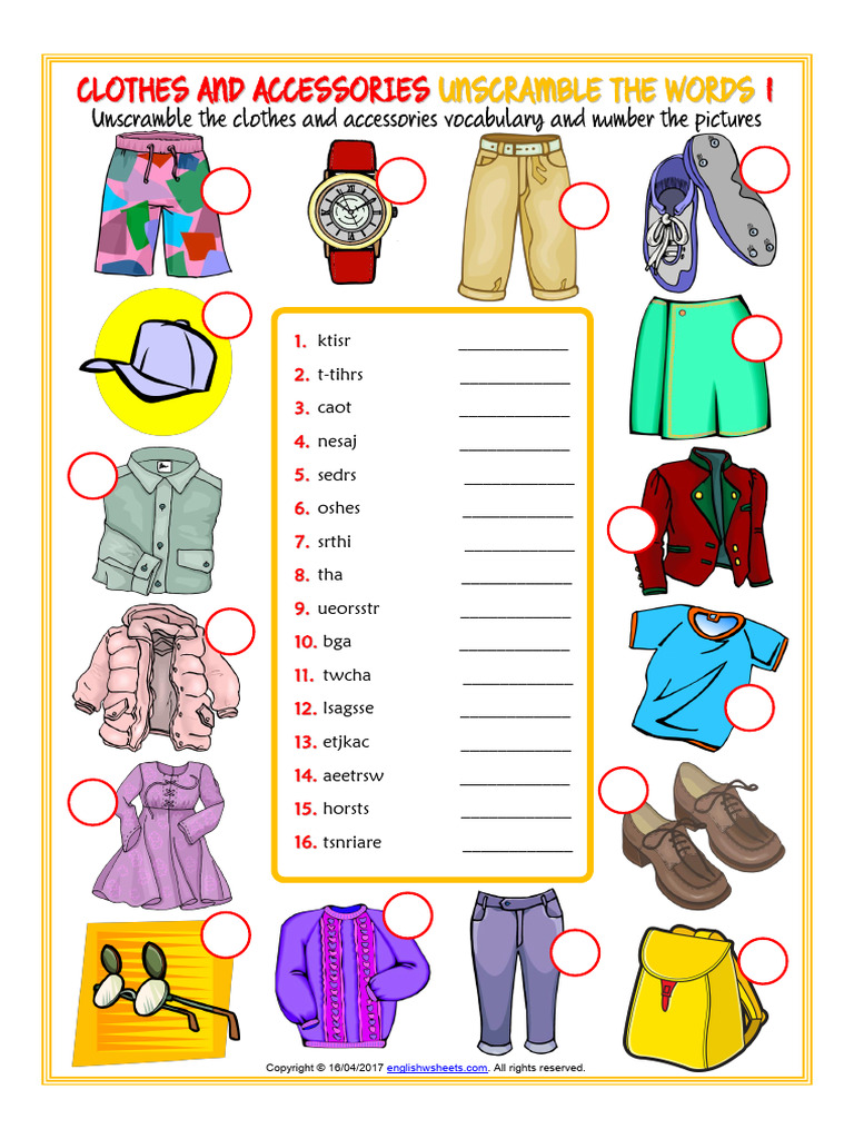 Clothes and Accessories Vocabulary Esl Unscramble The Words Worksheets ...