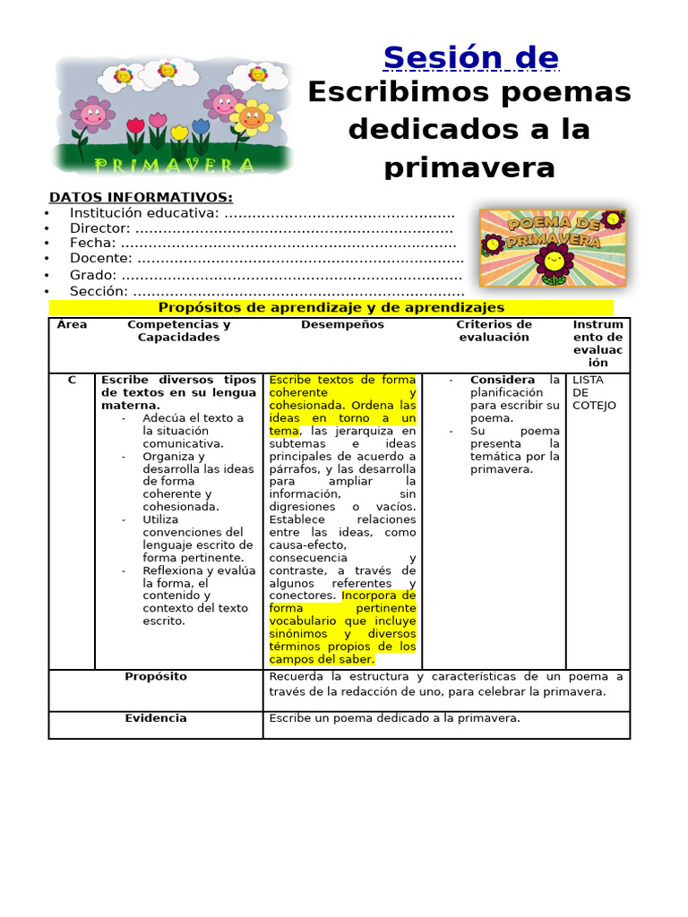 Poemas infantiles sobre la primavera | PDF | Evaluación | Puntuación