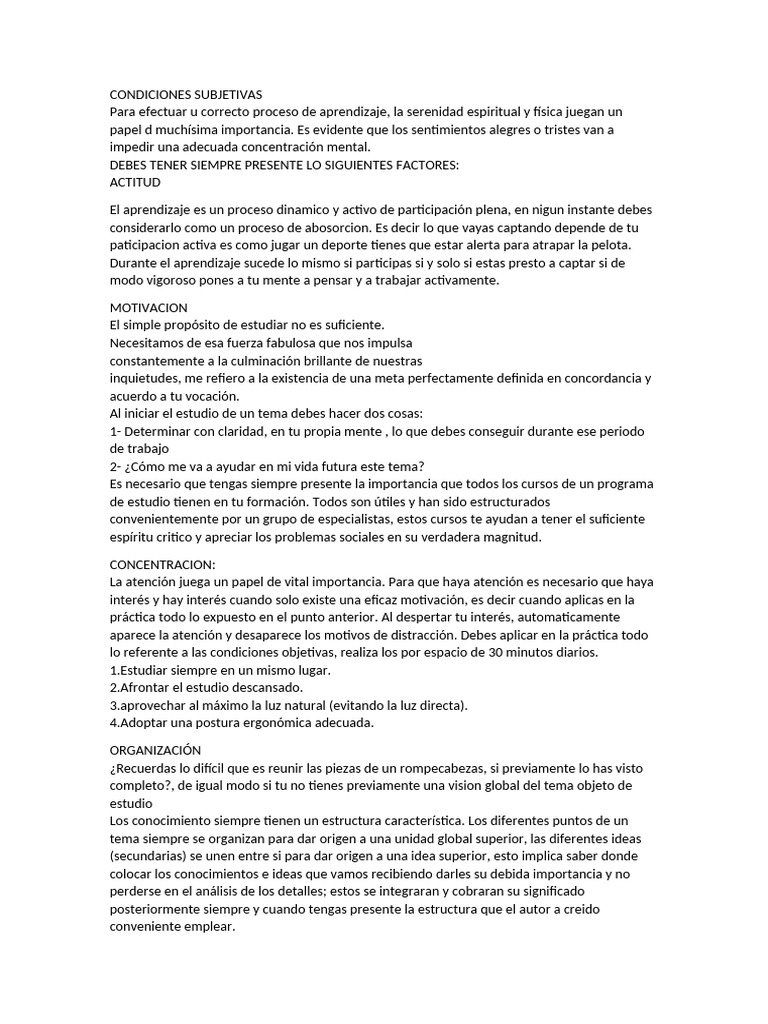 Condiciones Subjetivas | PDF | Aprendizaje | Motivación