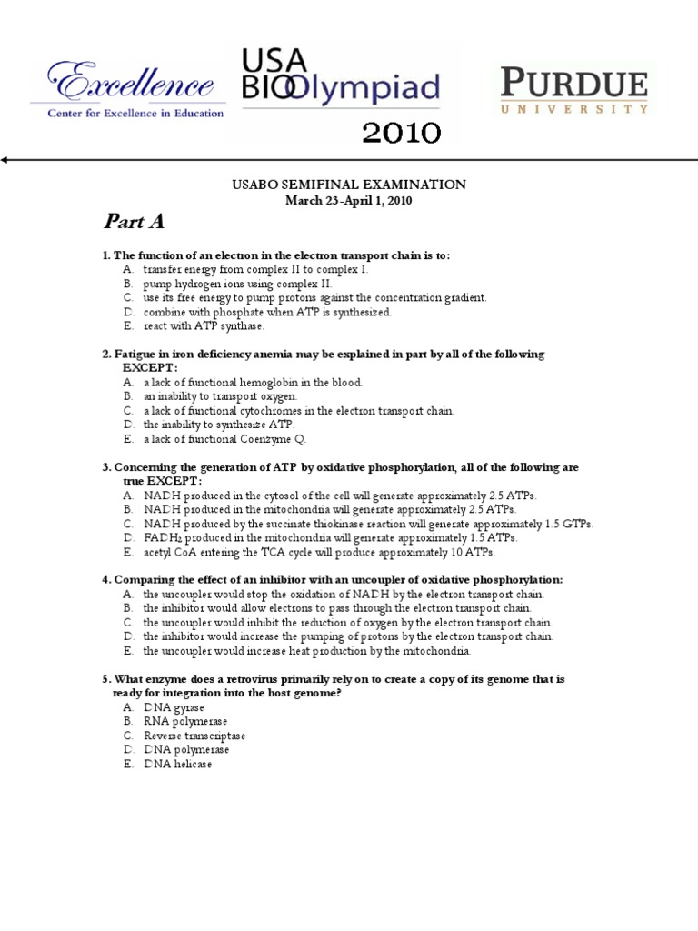 2010 Usabo Semifinal Examination PDF Electron Transport Chain
