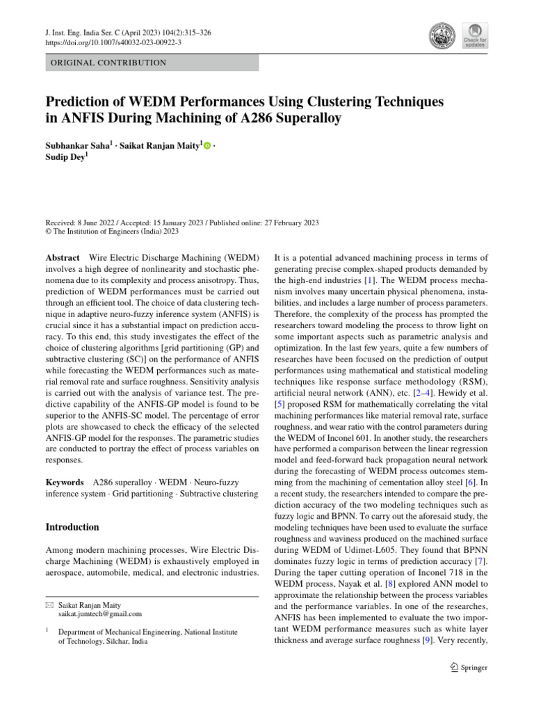 WEDM Performance Prediction via ANFIS | PDF | Cluster Analysis | Prediction