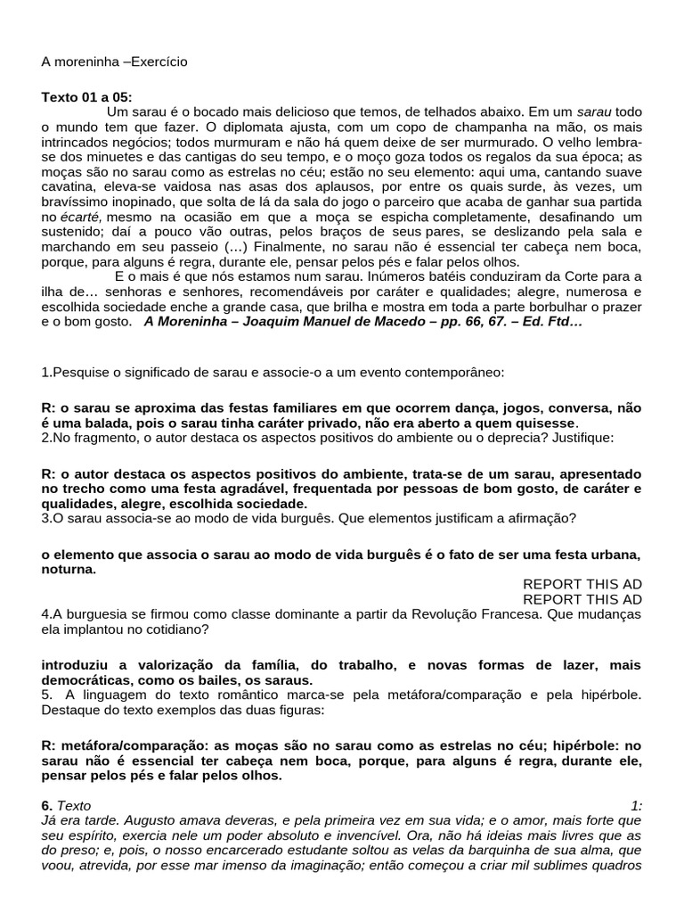 A Moreninha - Exercicio Gabarito | PDF | Romantismo | Amor