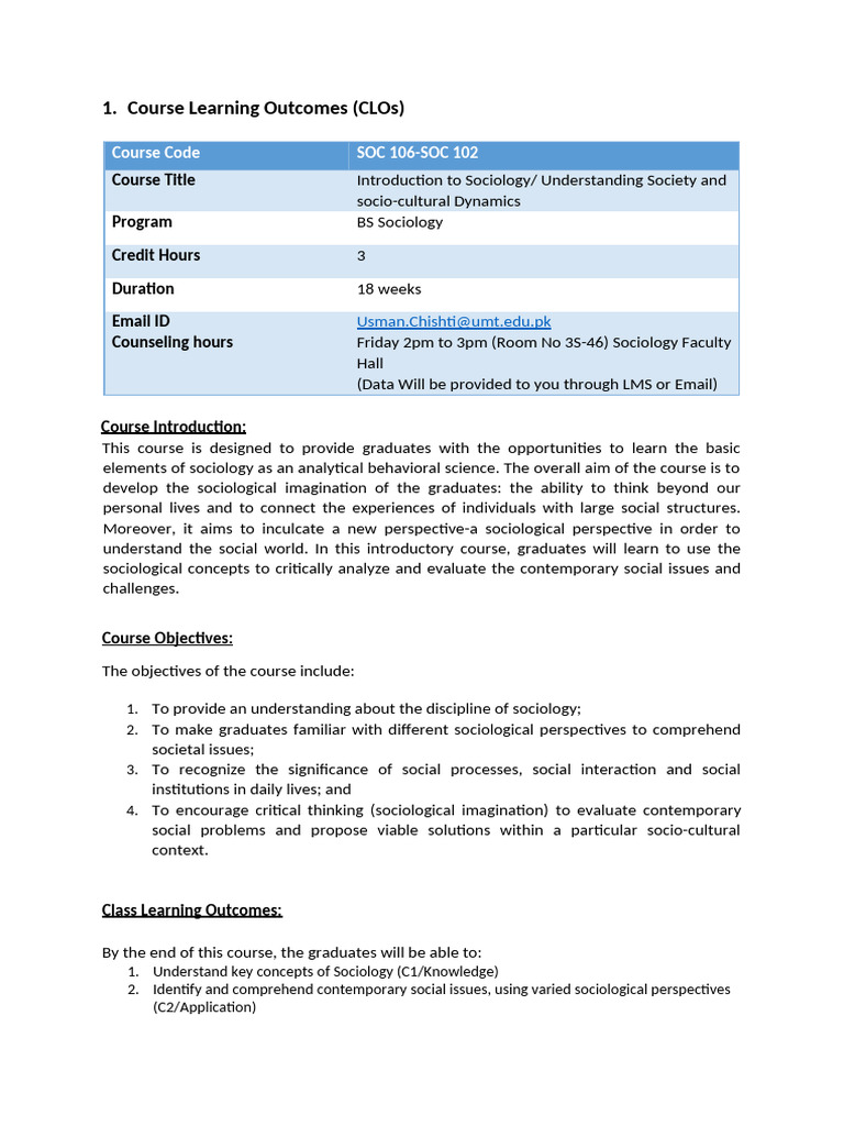 Intro To Sociology Course Outline | PDF | Sociology | Society