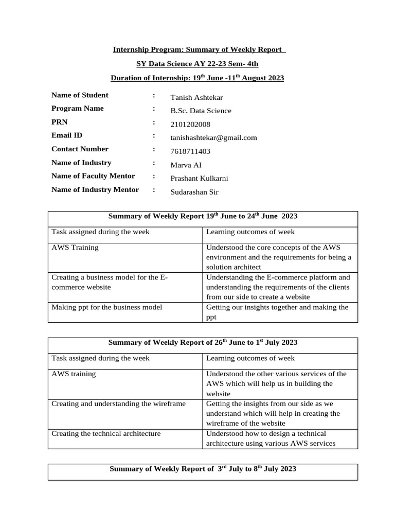 Data Science Internship Weekly Summary | PDF | Information Technology ...