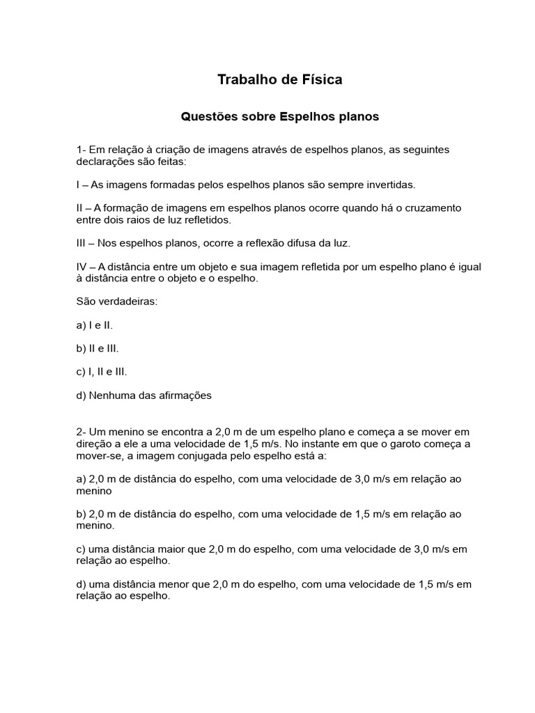 Trabalho de Fisica Perguntas e Respostas | PDF | Métodos e Materiais de ...
