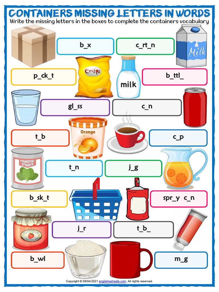 Containers Vocabulary Esl Missing Letters in Words Worksheet For Kids | PDF