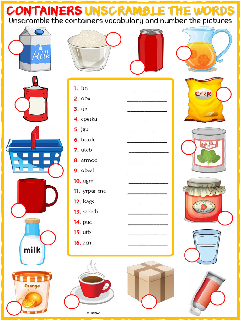 Containers Vocabulary Esl Unscramble The Words Worksheet For Kids | PDF