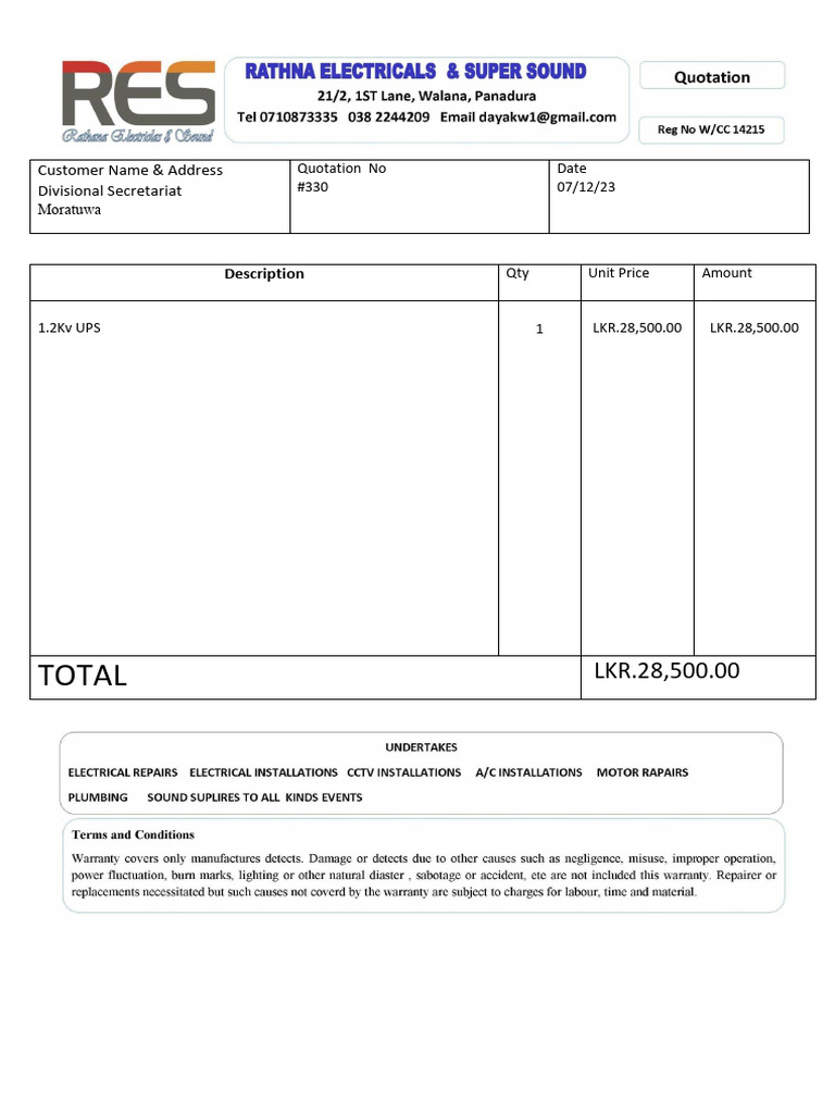Quotation for 1.2Kv UPS - LKR 28,500 | PDF