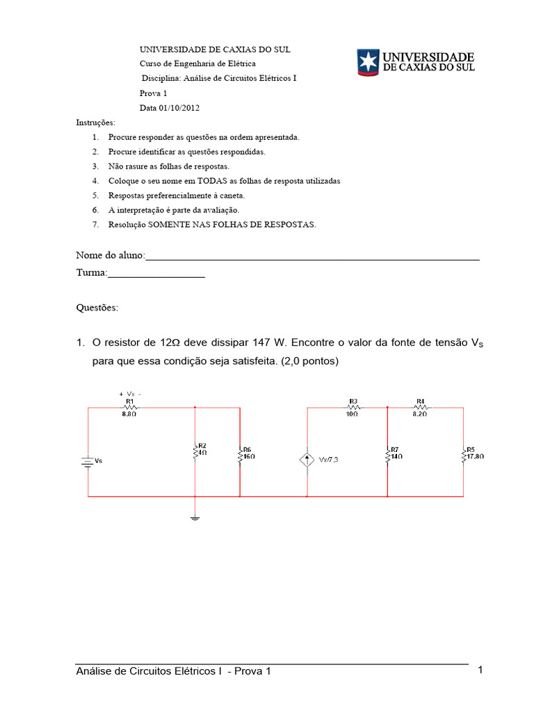 Prova de Análise de Circuitos Elétricos I | PDF | Rede elétrica ...