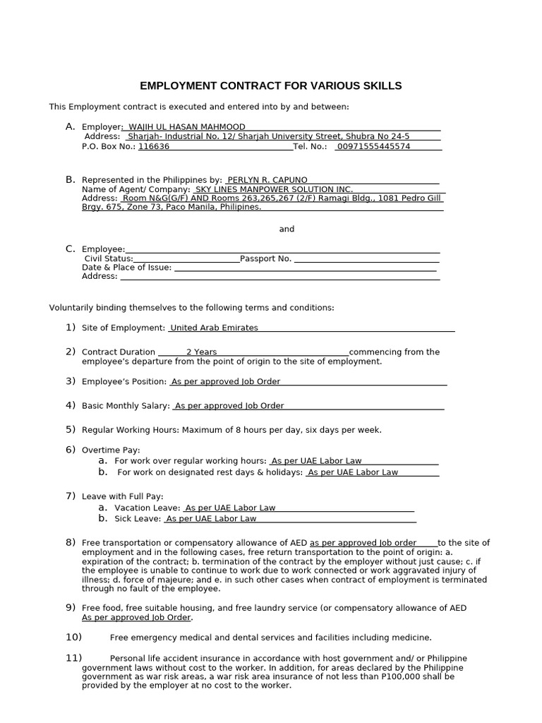 Updated 300123 FORM Standard Employment Contract VARIOUS SKILLS | PDF ...