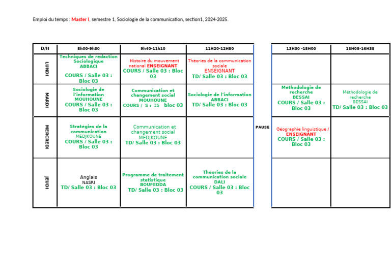 Emploi du temps Master I Sociologie 2024-2025 | PDF | Enseignement des ...