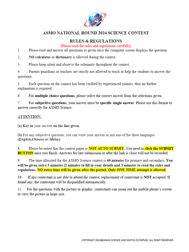 Asmo Science Primary and Secondary Rules and Regulations | PDF | Science