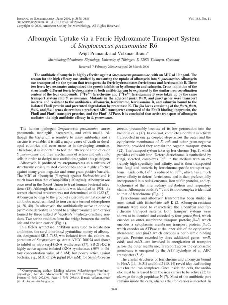 Albomycin Uptake Via A Ferric Hydroxamate Transport System of ...