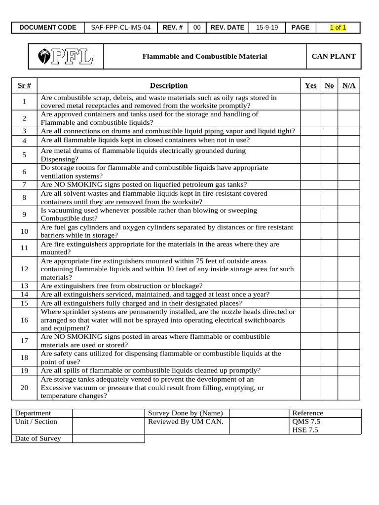 Flammable Material Safety Checklist | PDF | Liquids | Fires