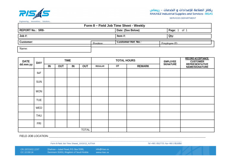 Weekly Field Job Time Sheet Form | PDF