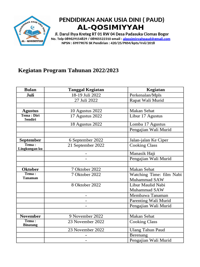 Kegiatan Program Tahunan Paud Al-Qosimiyyah | PDF