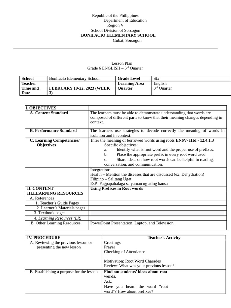 Semi Detailed LP in English - Root Words | PDF | Teachers | Learning