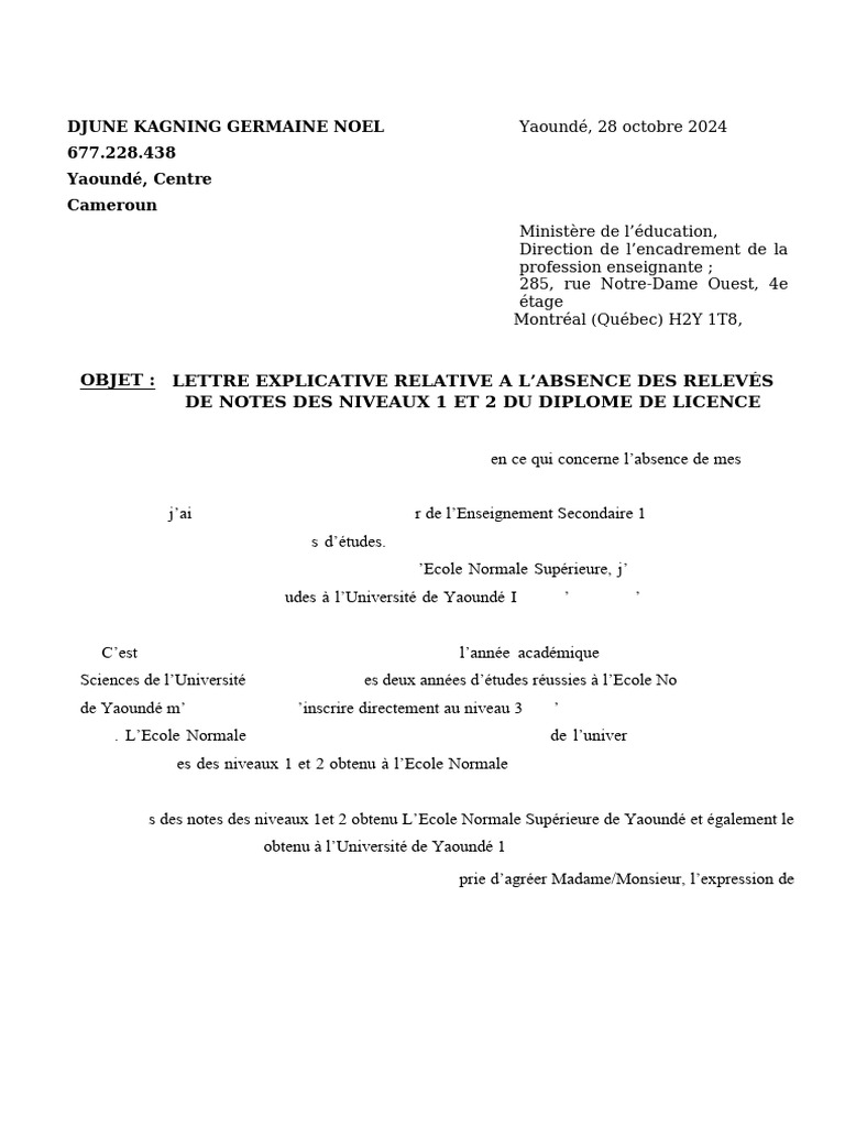 Lettre explicative d'absence de relevés | PDF | Enseignants | Écoles
