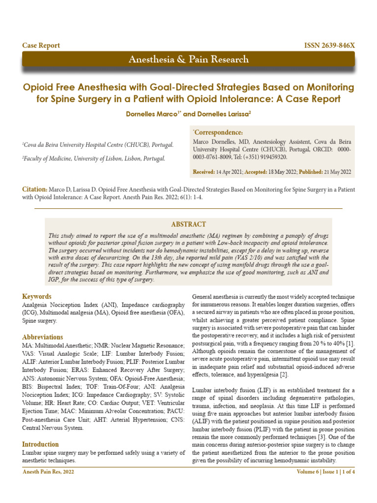 Opioid-Free Anesthesia in Spine Surgery | PDF | Anesthesia | Analgesic