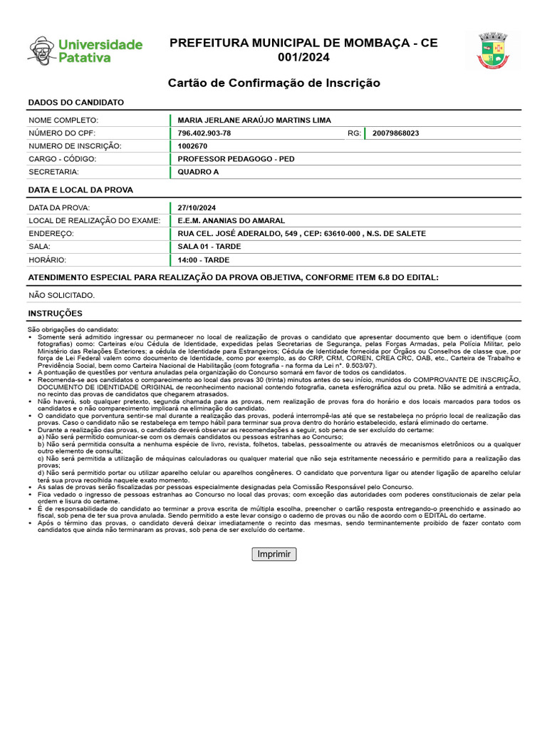 Cartão de Confirmação de Inscrição | PDF