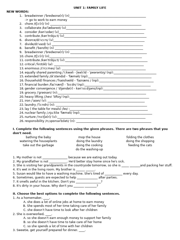 Unit 1 - Family Life | PDF | Living Arrangements