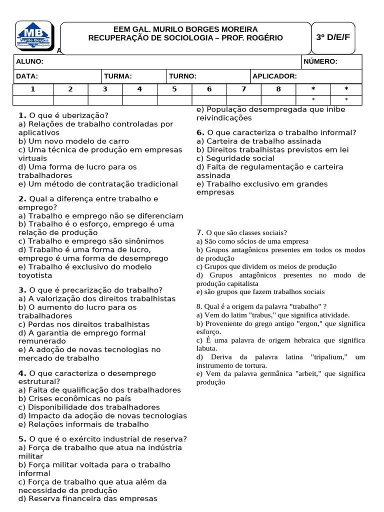 Questões sobre Trabalho e Precarização | PDF | Emprego | Lei Trabalhista