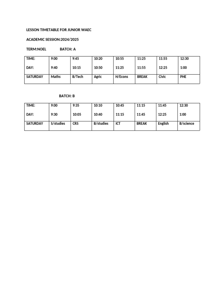Lesson Timetable For Junior Waec Pdf