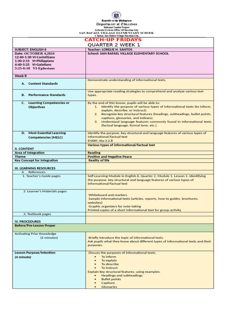 CATCH-UP FRIDAYS Q1 - WEEK 7 Sept 20 | PDF | Reading Comprehension ...