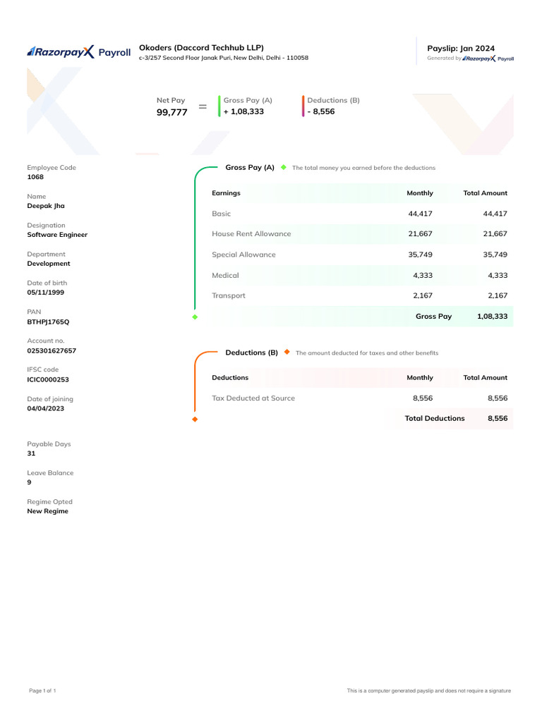 January 2024 Payslip for Deepak Jha | PDF | Paycheck | Personal Finance