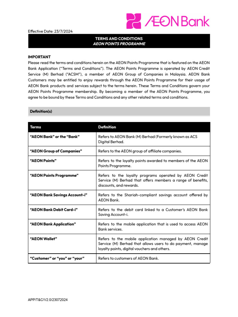 AEON Points Programme Terms & Conditions | PDF | Legal Liability | Damages
