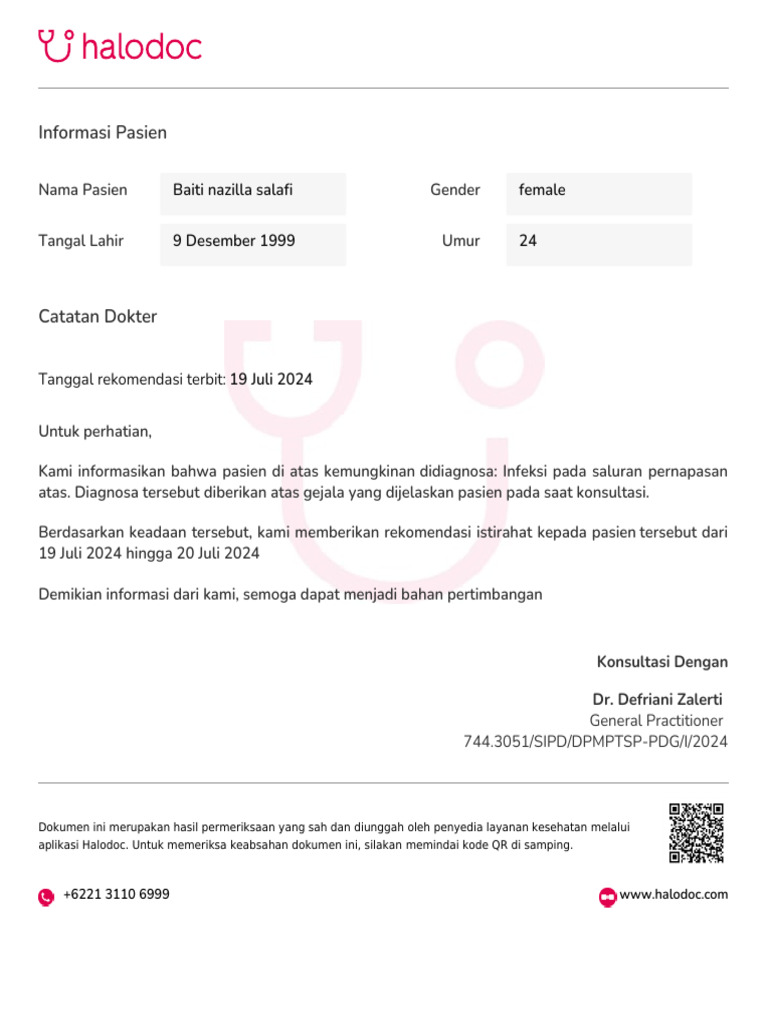Surat Rekomendasi Istirahat Pasien Halodoc | PDF