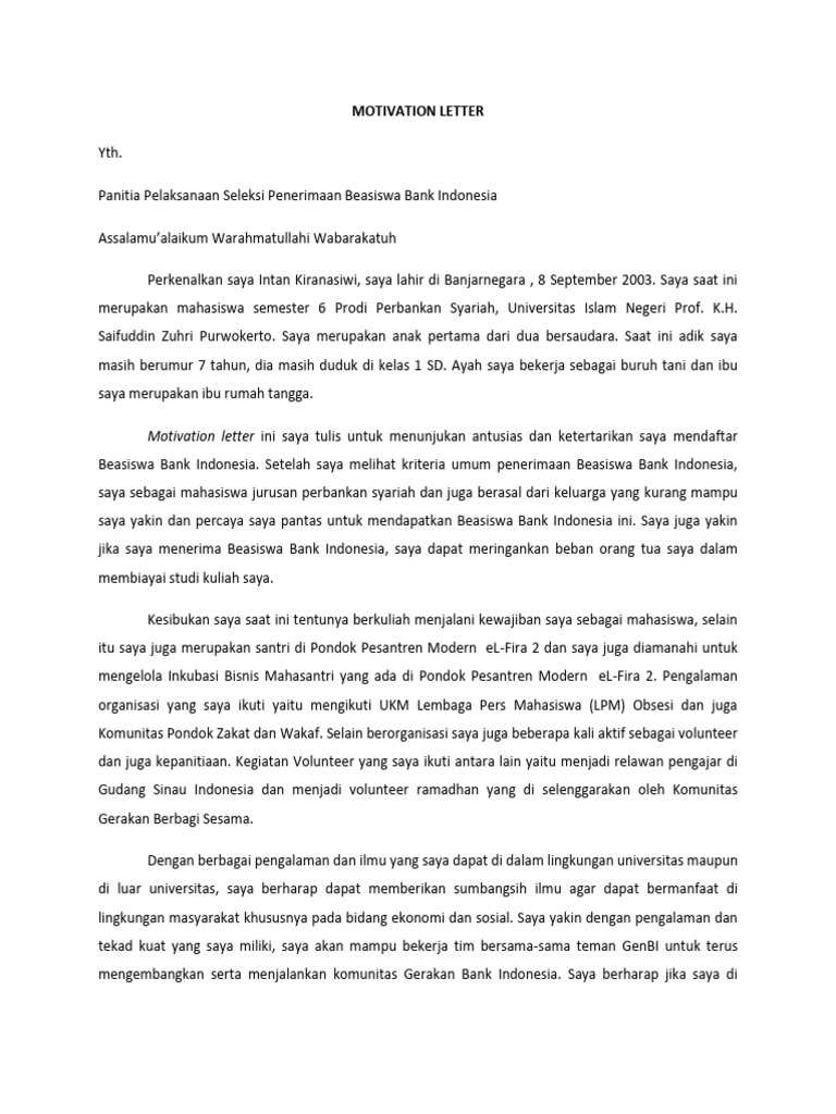 Motivation Letter Beasiswa BI | PDF