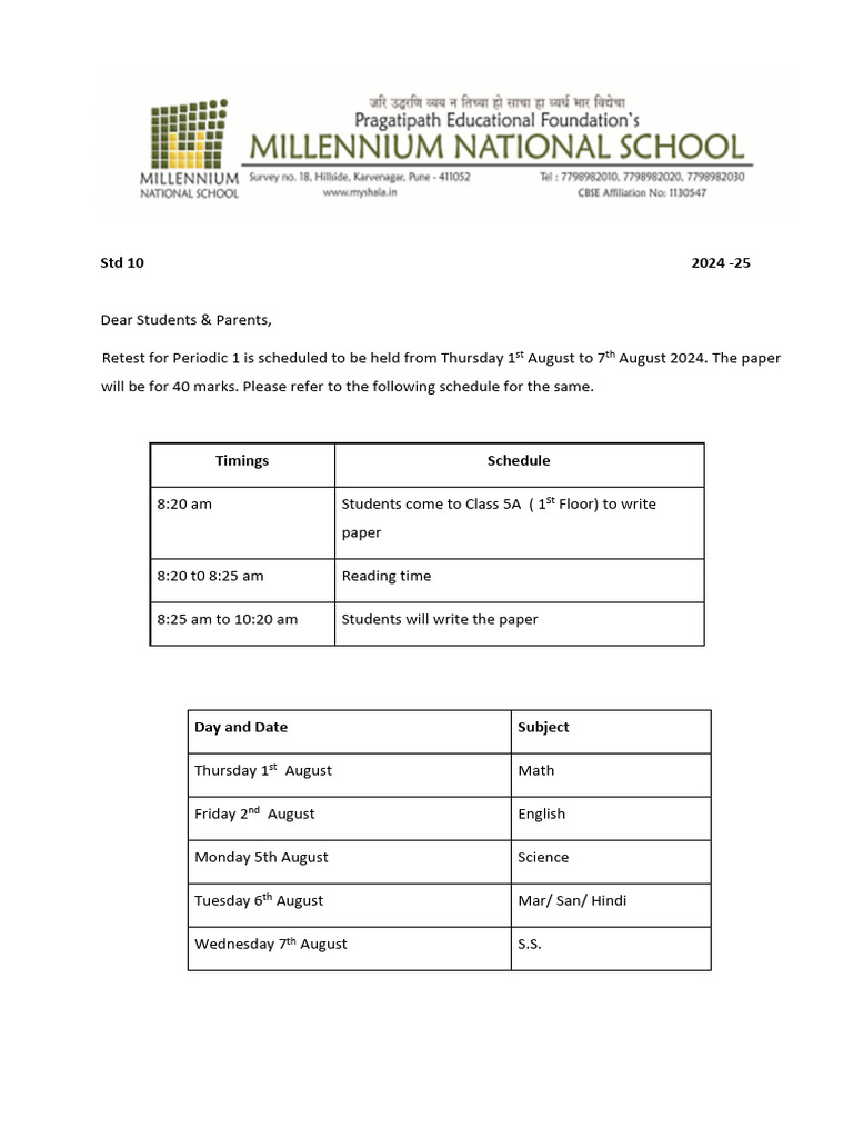 Std 10 Periodic 1 Retest Schedule 2024 | PDF | Algebra